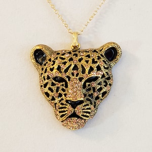 Men's Black Panther Pendant, or Necklace, Bright Gold Rhinestones (Cubic Zirconia), Gold Plated Brass Bail, 14K Gold Filled Cable Chain