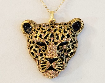 Men's Black Panther Pendant, or Necklace, Bright Gold Rhinestones (Cubic Zirconia), Gold Plated Brass Bail, 14K Gold Filled Cable Chain
