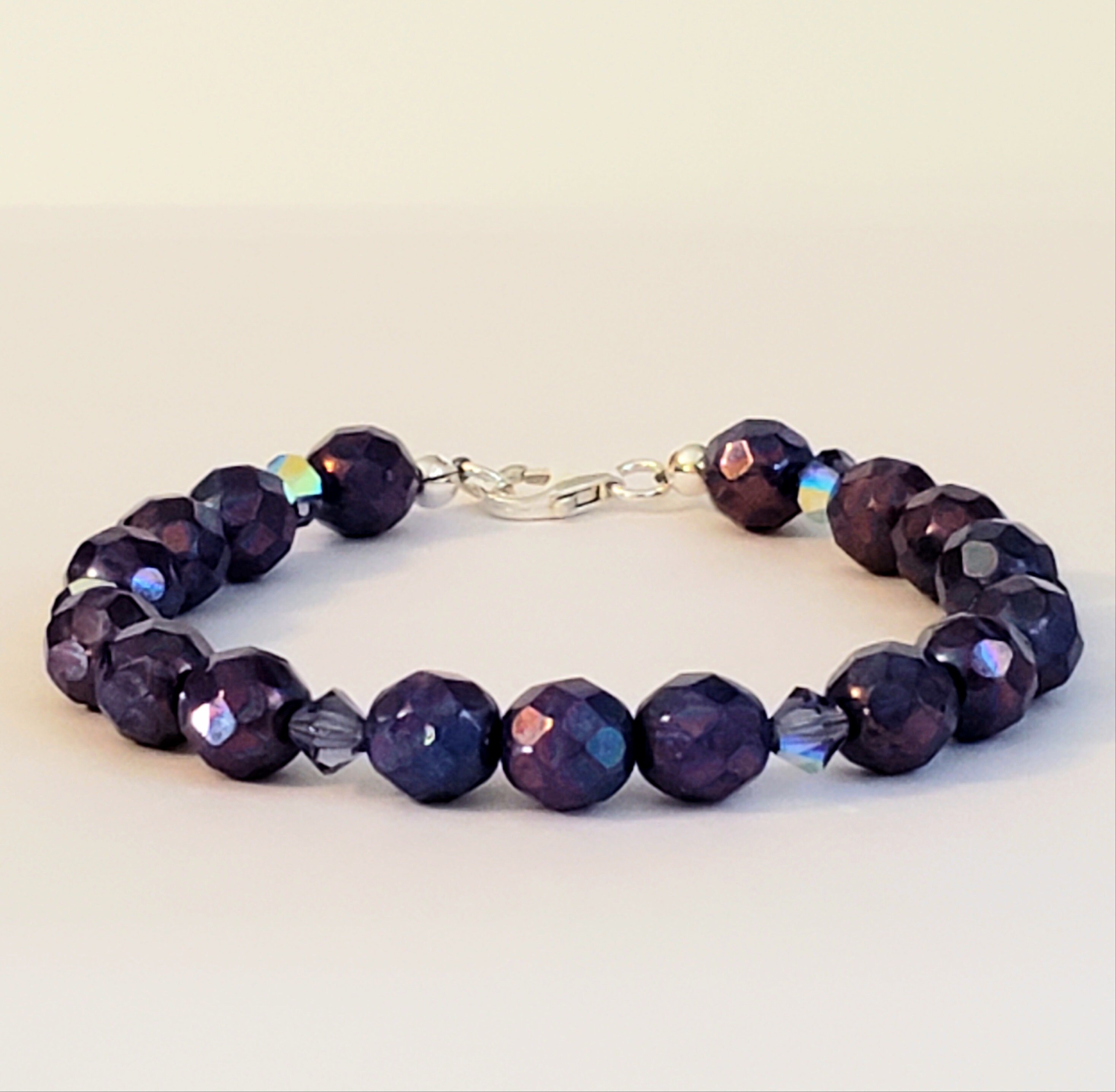 Tanzanite Czech Fire Polished Glass Bead Bracelet with Swarovski Crystal Darker Tanzanite 4mm Bicone Center & 925 Sterling Silver Cover Bead