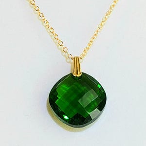 Emerald Green Crystal Pendant, Necklace in Celestial&#39;s Round Cut in Rich Green Shade with 14K Gold Filled Small Cable Chain & Lobster Clasp