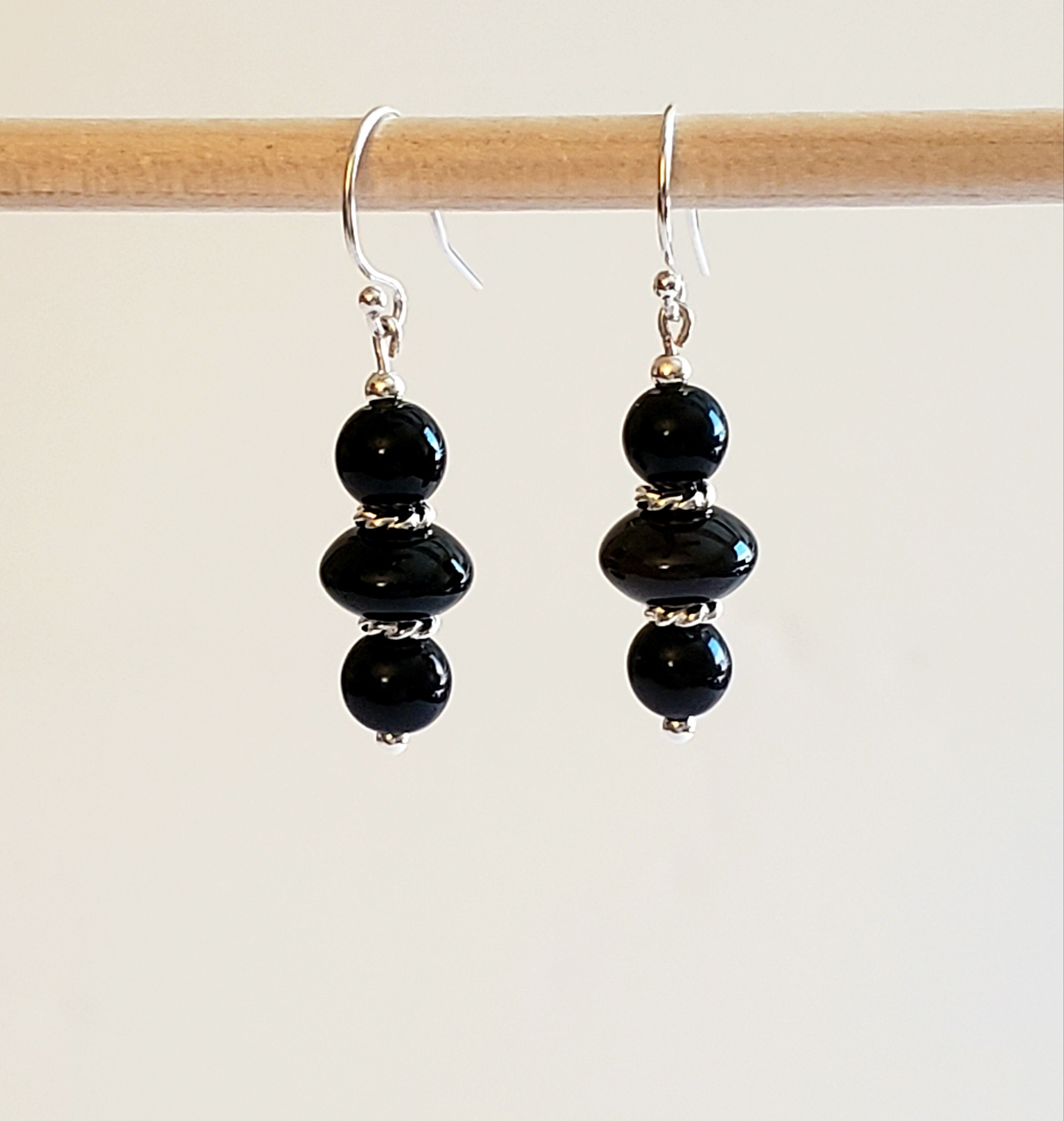 Black Agate/White Seed Bead Gemstone Earrings with 925 | Etsy