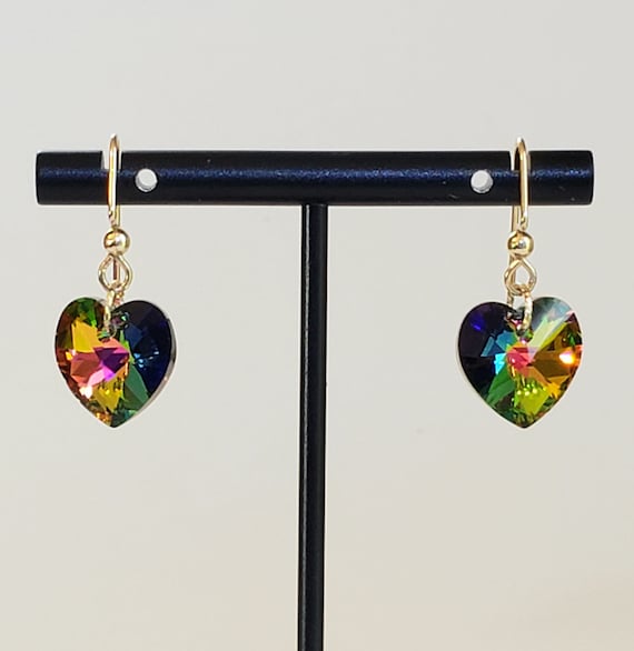 Blue and Green Crystal Heart Earrings Blue and Green Crystal Heart Earrings