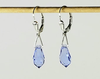 Blue Sapphire Earrings in Light Sapphire Preciosa Faceted Point 13mm Teardrops with 925 Sterling Silver Lever Backs in Seashell Design