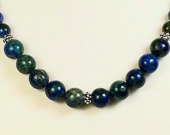 Phoenix Lapis Lazuli Beaded Gemstone Necklace in Deep Blue & Green Round Polished Beads with Antique Silver Heishi Beads and Toggle Clasp