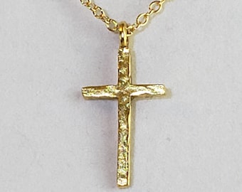 24K Gold Plated Hammered Cross Pendant Necklace, 14K Gold Filled Chain