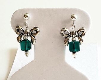 Antique Silver Bow Post/Stud Earrings with Swarovski Crystal Emerald Green Cube and 925 Sterling Silver Posts (Studs) with 3mm Ball Ends