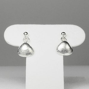 Könnte beinhalten: Ein Paar silberne Ohrringe mit Muschel-Design. Die Ohrringe sind klein und zart und haben einen schlichten, eleganten Look.