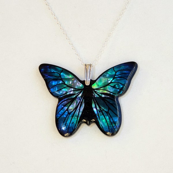 Paua Shell Butterfly Pendant, Necklace in Turquoise Blue, Aqua, Green & Black with 925 Sterling Silver Bail, 925 Sterling Silver Oval Chain