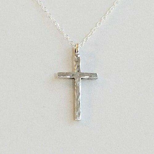 925 Sterling Silver Long Hammered Cross Necklace Pendant Chain - Etsy