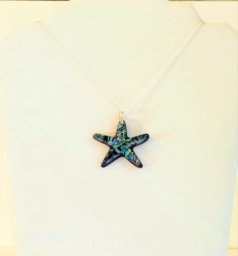Paua Shell Starfish Pendant, Necklace in Blue, Turquoise, Green, Black with 925 Sterling Silver Oval Cable Chain "Paua Starfish Pendant" image 5