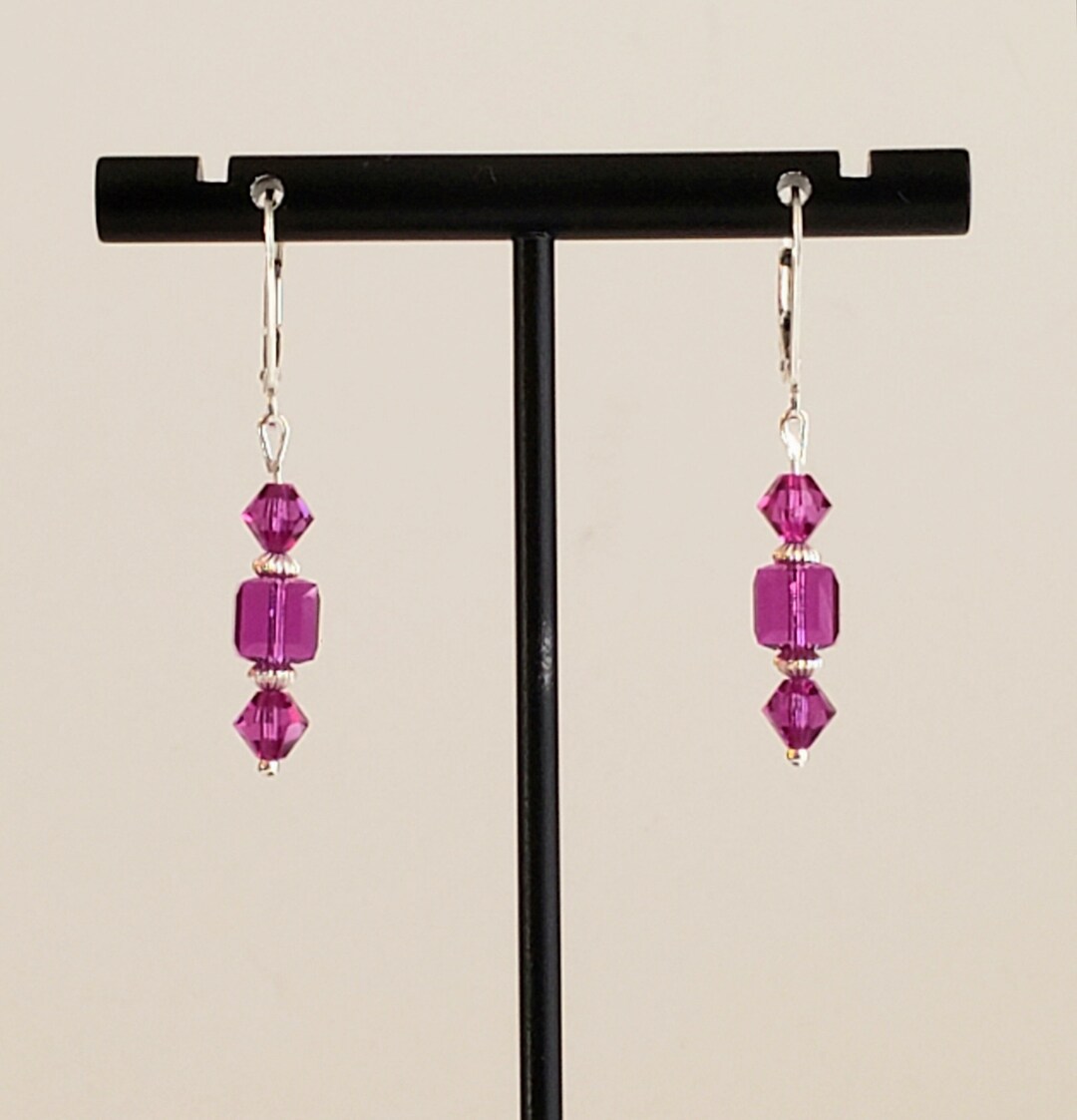Fuchsia Earrings in Swarovski Crystal Cubes/bicones With Sterling