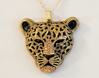 Rhinestone Black Panther Pendant Necklace, Gold Plated Brass Bail, 14K Gold Filled Chain