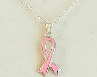 Pink Ribbon against Breast Cancer Pendant, Necklace in Pink Enamel with 925 Sterling Silver Oval Cable Chain & Sterling Silver Lobster Clasp