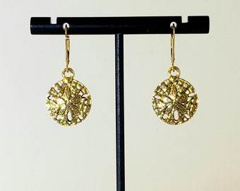 Antique Gold Plated Sand Dollar Earrings in Gorgeous Textured Shell with 14K Gold Filled Lever Backs with Security Latches