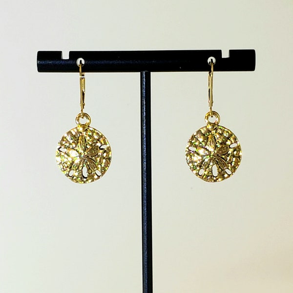 Antique Gold Plated Sand Dollar Earrings in Gorgeous Textured Shell with 14K Gold Filled Lever Backs with Security Latches