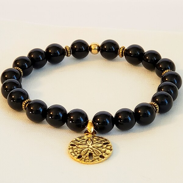 Black Agate Beaded Gemstone Stretch Bracelet with Antique Gold Plated Sand Dollar Charm and Antique Gold Coiled Heishi Beads- Latex Free