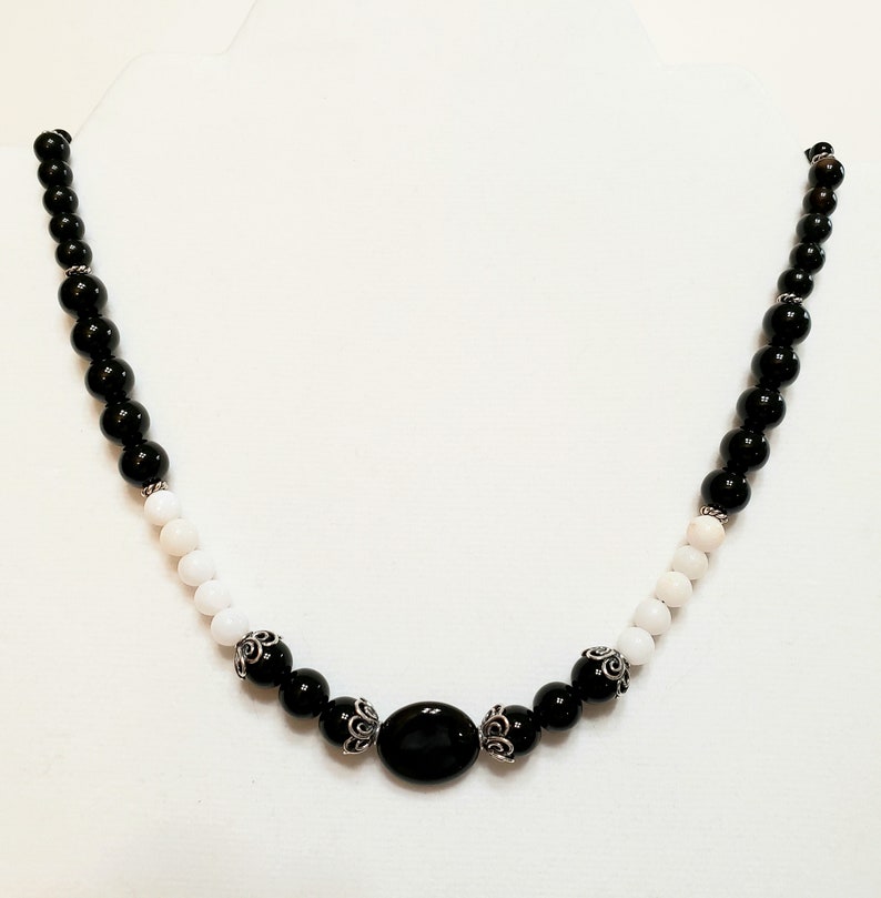 Toggle Clasp Black Agate White Quartz Beaded Gemstone Necklace with Antique 925 Sterling Silver Bead End Caps Black and White Ball