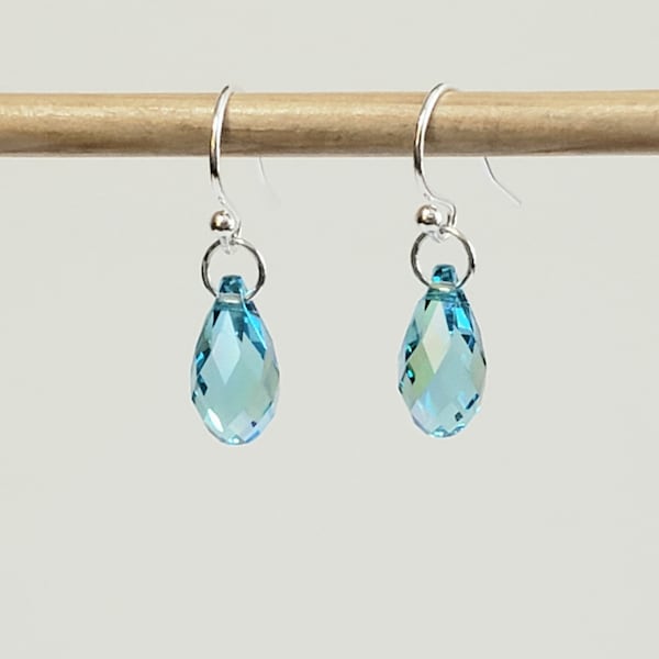 Light Turquoise Earrings in Swarovski Faceted 13mm Teardrop Briolette Crystals with 925 Sterling Silver Bali Hook Ear Wires with Ball Ends