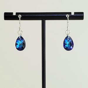 Blue Earrings in Swarovski Faceted 11mm Pear Cut Crystals in Bermuda Blue Shade with 925 Sterling Silver Bali Hooks with Ball Ends