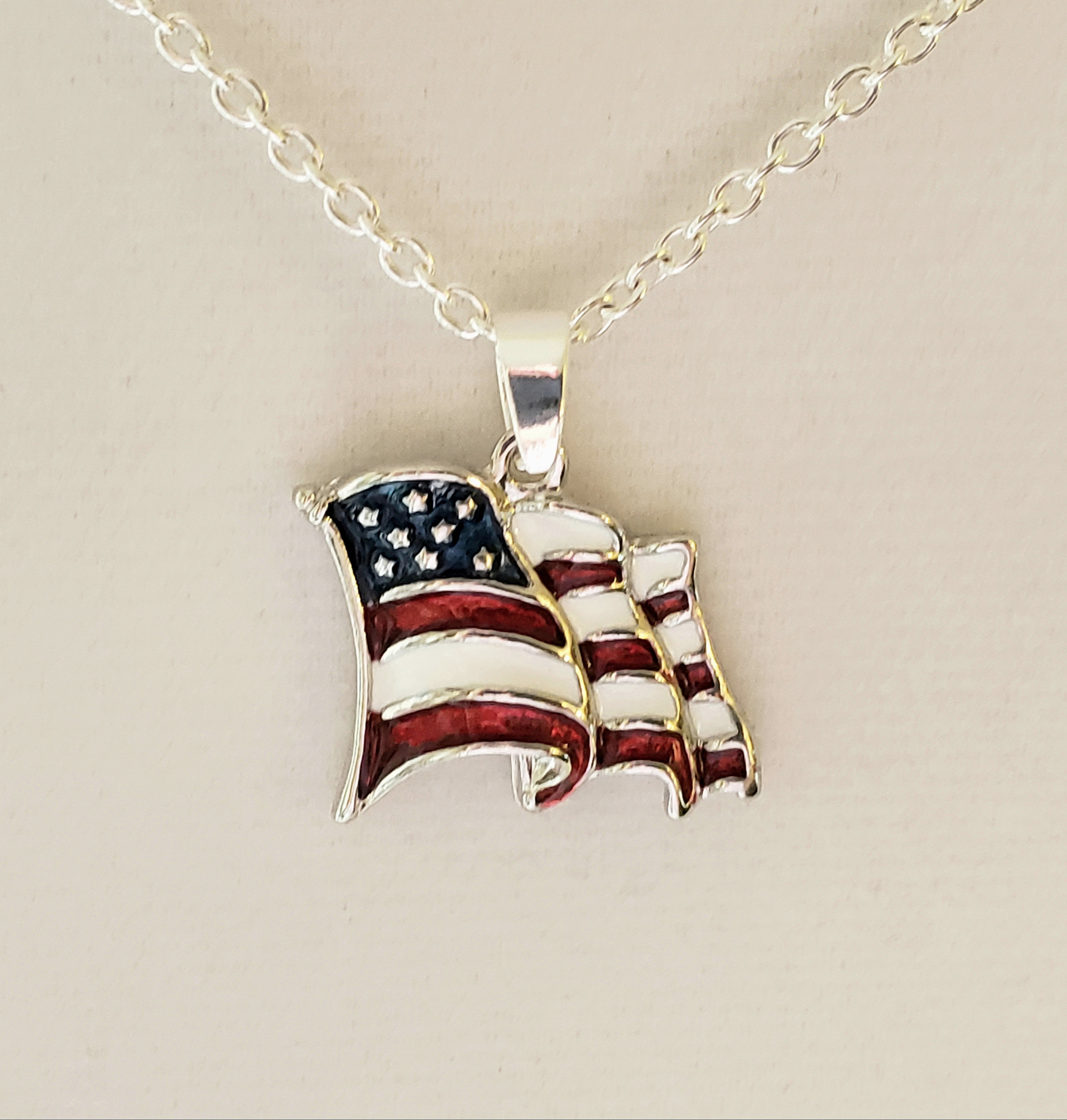 American Flag Pendant Necklace In Silver Trimmed Plated Etsy