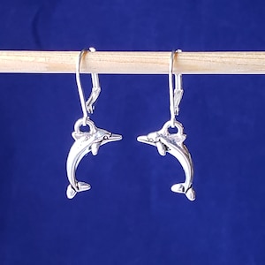 Dolphin Earrings in Antique 925 Sterling Silver Plated Pewter with 925 Sterling Silver Lever Back Ear Wires. Other Wires also Listed.