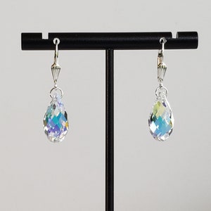 Crystal Passion&#39;s White AB Faceted 17mm Crystal Teardrop Earrings with 925 Sterling Silver Lever Backs with Seashell Designer Detailing