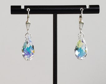 Crystal Teardrop Earrings, Aurora Borealis, Sterling Silver Lever Backs