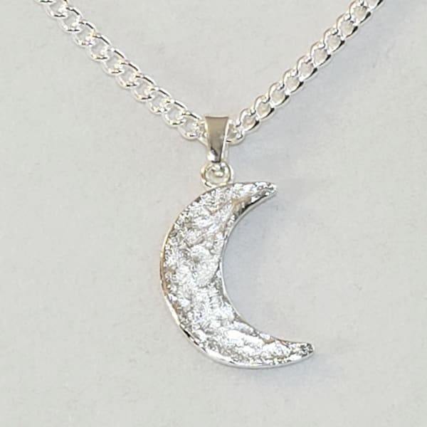 Men's Hammered Silver Crescent Moon Pendant, or Necklace in Sterling Silver Plated Pewter with 925 Sterling Silver Filled Curb Chain