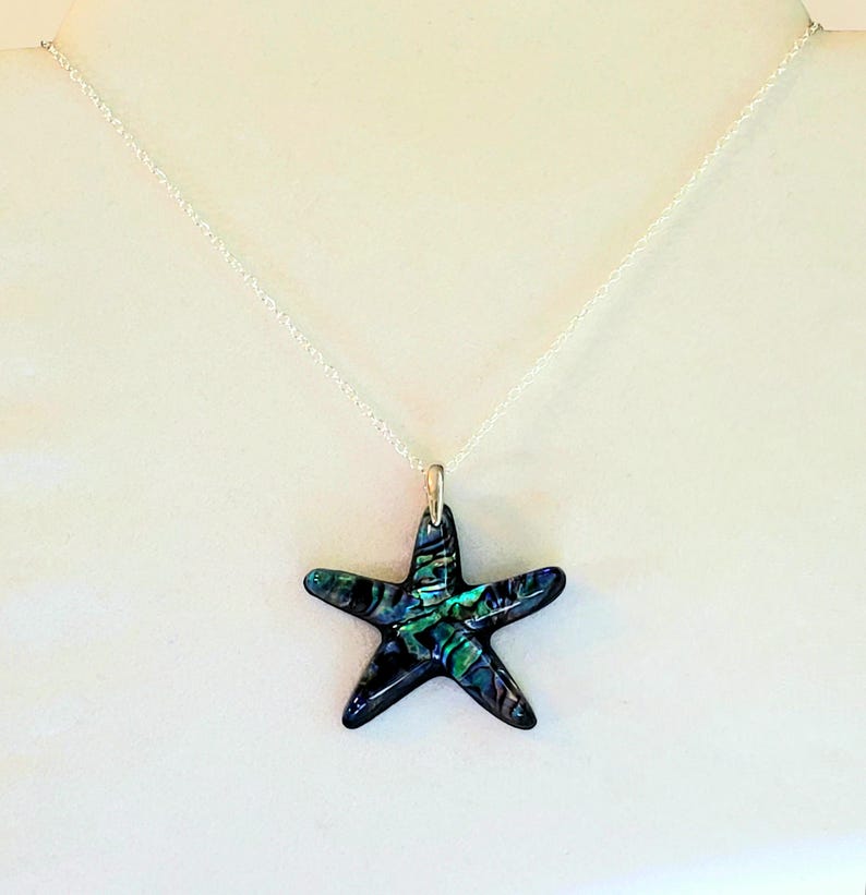Paua Shell Starfish Pendant, Necklace in Blue, Turquoise, Green, Black with 925 Sterling Silver Oval Cable Chain "Paua Starfish Pendant" image 2