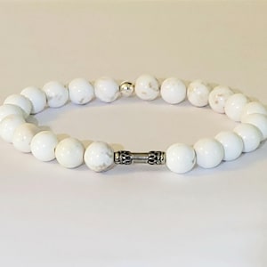 Ivory Magnesite Beaded Gemstone Latex Free Stretch Bracelet with 925 Sterling Silver Art Deco Bar and End Closure Bead