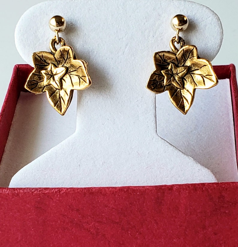 Antique Gold Plated Ivy Leaf Earrings in Gorgeous Sculpted Leaves with 14K Gold Filled Angular Hook Ear Wires with 3mm Balls Ends