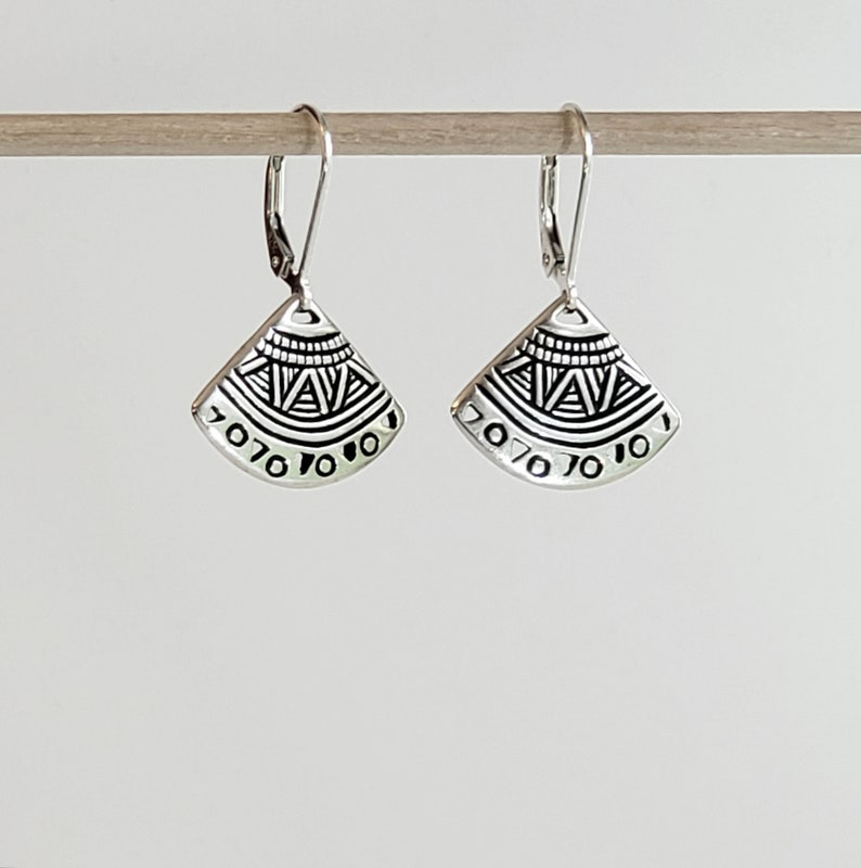 Antique 925 Sterling Silver Plated Pewter Ethnic Fan Earrings with 925 Sterling Silver Lever Backs with Secure Locks image 4