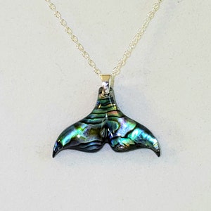 Paua Shell Dolphin Tail Pendant, Necklace in Turquoise Blue, Aqua, Green & Black with 925 Sterling Silver Bail and Oval Cable Chain