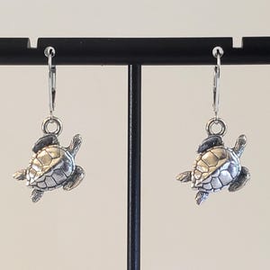 Antique 925 Sterling Silver Plated Etched Pewter Sea Turtle Earrings with 925 Sterling Silver Lever Backs with Security Latches