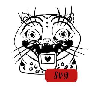 May include: Black and white illustration of a cartoon cat with large eyes and an open mouth, revealing sharp teeth. The cat has whiskers and spots. A red rectangle with the word "SVG" is at the bottom.