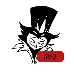 May include: Black and white illustration of a cartoon character with a top hat and a mischievous grin. The character is wearing a crown and a fur collar. The text "SVG" is written on a red banner.