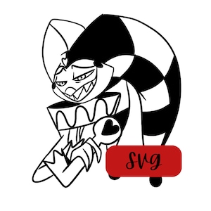 Puede incluir: Ilustración en blanco y negro de un bufón con un gran sombrero a rayas y una sonrisa traviesa. El bufón sostiene un objeto con forma de corazón en su mano.