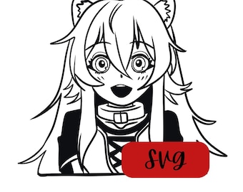 May include: A black and white anime-style illustration of a female character with large eyes, cat ears, and long hair. The character is wearing a collar and a black and white outfit. A red rectangle with the word "SVG" is at the bottom.