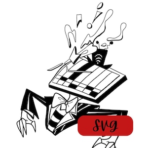 May include: A monochrome cartoon character with a piano keyboard head, dressed in a tuxedo and bow tie. The image includes the word "svg" on a red rectangle. The style is whimsical and animated.