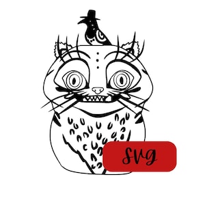 Può includere: Illustrazione a fumetti in bianco e nero di una creatura simile a un gatto con un cappello, grandi occhi e un sorriso dentuto. La creatura ha un petto maculato e lunghi baffi. La parola "svg" è in un rettangolo rosso in basso.