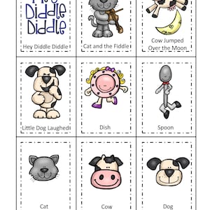 May include: A set of nine colorful flashcards featuring illustrations from the nursery rhyme "Hey Diddle Diddle". The flashcards include images of a cat, cow, dog, dish, spoon, and the moon. The text on the flashcards includes the rhyme's lyrics and the names of the characters.