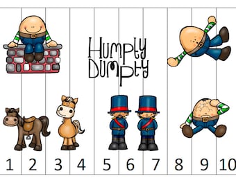 May include: A colorful illustration of the nursery rhyme Humpty Dumpty. The image shows Humpty Dumpty sitting on a wall, falling off the wall, and being put back together by a group of people. The image also includes a horse and a group of people in hats.