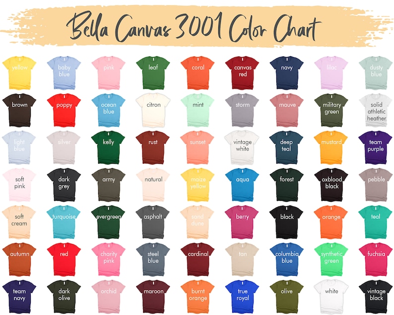 Puede incluir: Carta de colores Bella Canvas 3001 que muestra 60 colores de camisetas diferentes. La carta est&aacute; organizada en filas y columnas, con cada color representado por una camiseta peque&ntilde;a.