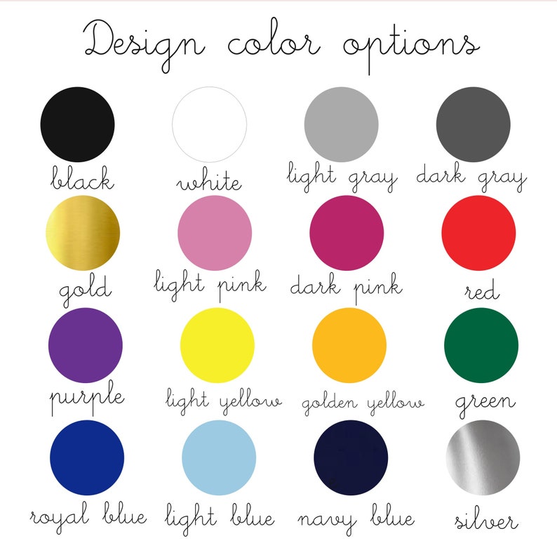 Puede incluir: Un gr&aacute;fico que muestra 14 opciones de color diferentes para un proyecto de dise&ntilde;o. Los colores incluyen negro, blanco, gris claro, gris oscuro, dorado, rosa claro, rosa oscuro, rojo, morado, amarillo claro, amarillo dorado, verde, azul real, azul claro, azul marino y plateado.