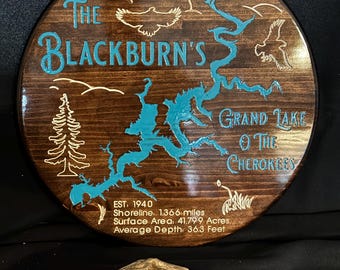 Engraved Grand Lake Map, Hand Painted Pine Wood Sign (24 inch)