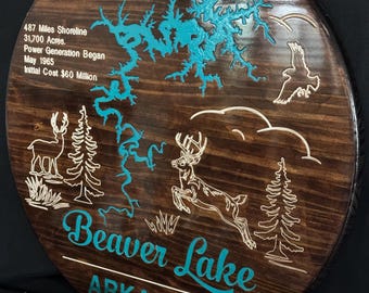 Engraved Beaver Lake Map, Hand-Painted Pine Wood Sign