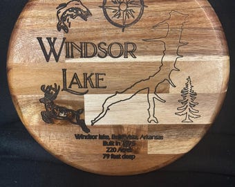 Engraved Acacia Wood Lake Map, Windsor Lake, Handmade