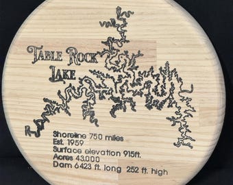 Engraved Table Rock Lake Map, Raw Pine Wood, Ready to Paint (12" Round)