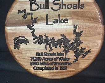 Engraved Bull Shoals Lake Acacia Wood Map, Handmade