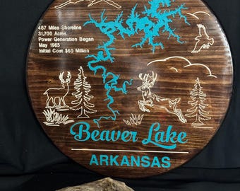 Engraved Beaver Lake Map, Hand-Painted Pine Wood Sign (24 inch)